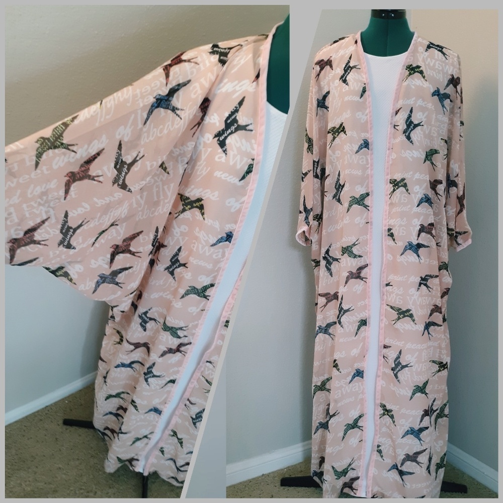 Women Bird Print Silk Chiffon Open Abaya